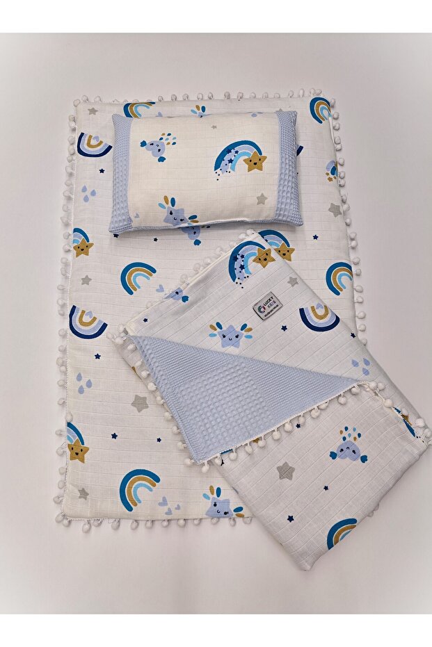 Double Sided 3-Piece Bottom Opening Set, Muslin & Pike Fabric, Blanket, Baby Pillow, Bottom Opening Cushion