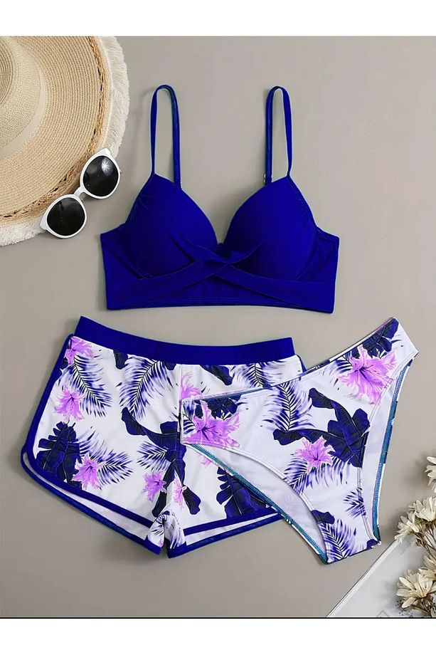 Kadın Bikini Takımı Çicek Desenli Şortlu 3 lü set - 1