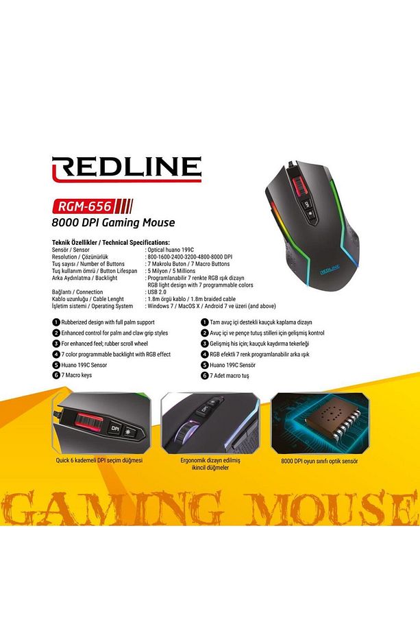 8000 Dpi / 7 Makro Tuşu / 1.8 M Örgülü Kablo Rgm-656 Gaming Mouse - 3