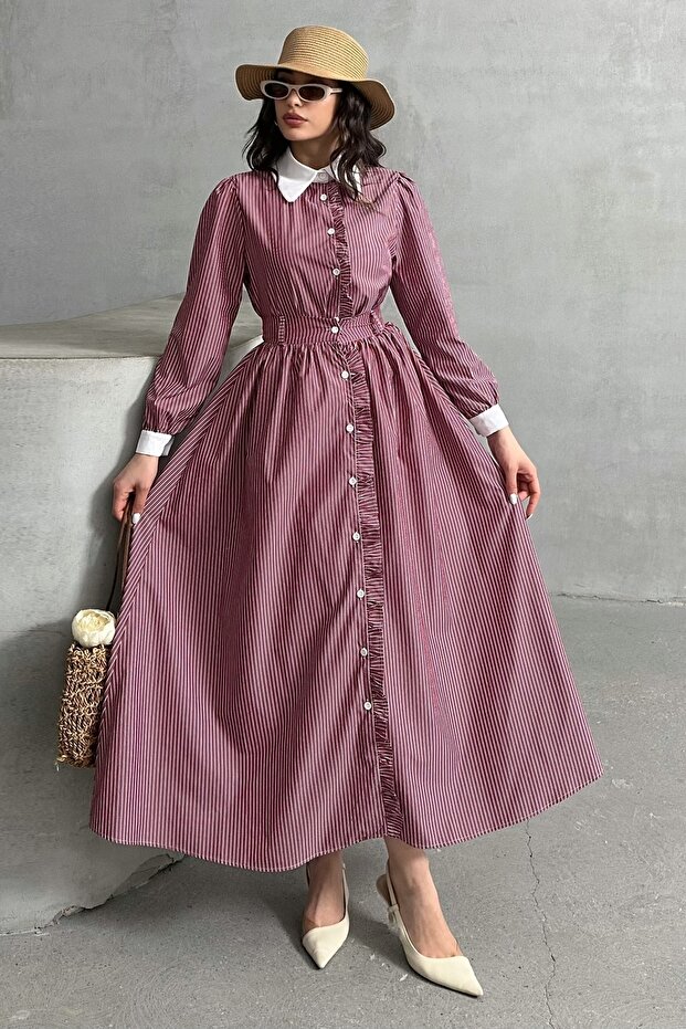 Women's Striped Front Detailed Shirt-Skirt Double Set