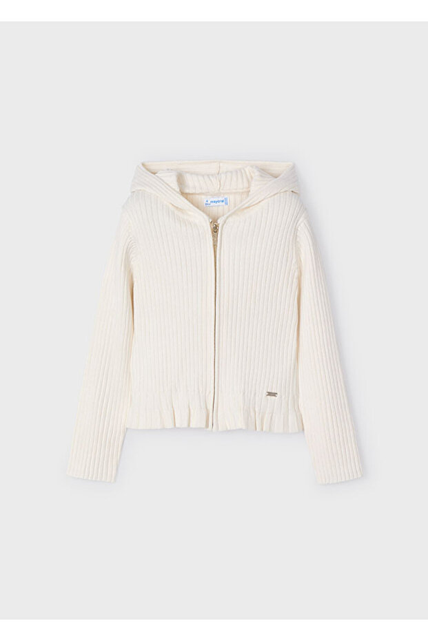 04-10 Years Old Mayoral Hooded Knitted Zippered Beige Cardigan - Bone