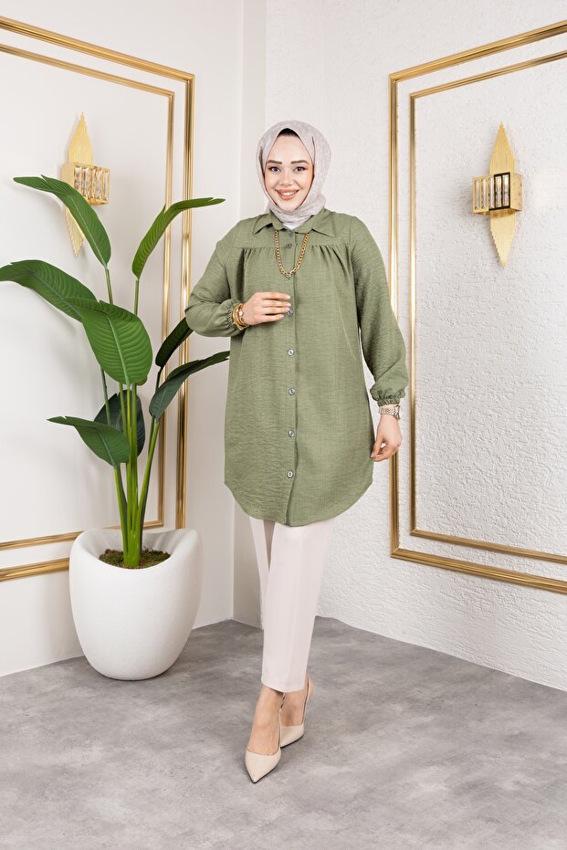 Gathered Front Ankle Elastic Tunic - Green / Ü104