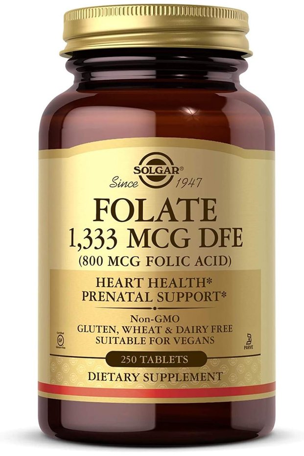 Folate 1,333 mcg DFE (800 mcg Folic Acid) 250 Tablets Overall Health & Prenatal Support Non-GMO, Gluten-Free, Suitable for Vegans