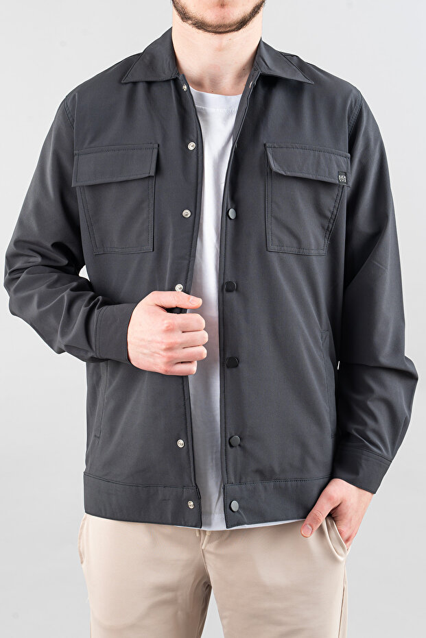 Men's Shirt Parachute Fabric Relaxed Fit Seasonal Snap Closure Flap Side Pocket Coat Smoked