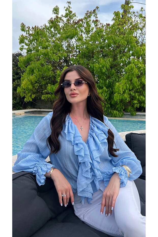 Blue V-Neck Ruffle Detailed Blouse Shirt