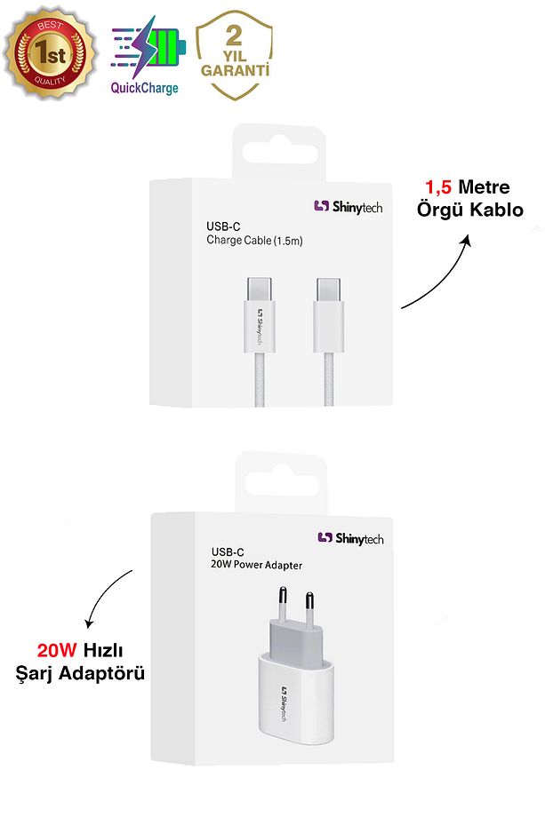 20W USB-C Güç Adaptörü Hızlı Şarj Aleti 1,5m Örgü Kablo USB-C Şarj Seti - 2