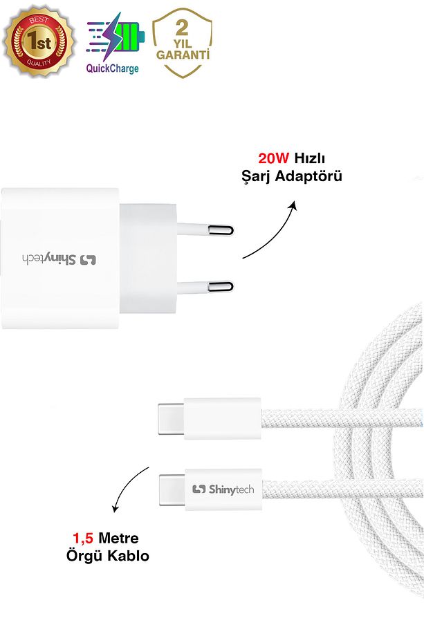 20W USB-C Güç Adaptörü Hızlı Şarj Aleti 1,5m Örgü Kablo USB-C Şarj Seti - 3