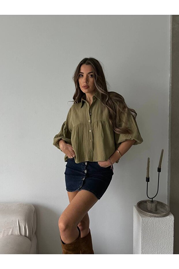 Women's Khaki Short Balloon Muslin Fabric Premium Shirt
