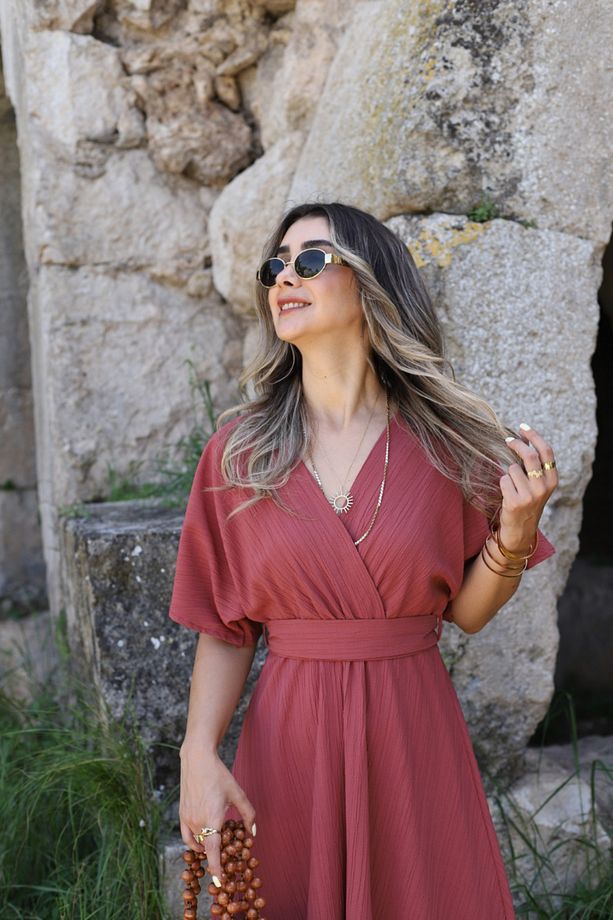 Gül Kurusu Ön Arka Kruvaze Kuşaklı Gofre Elbise - 3