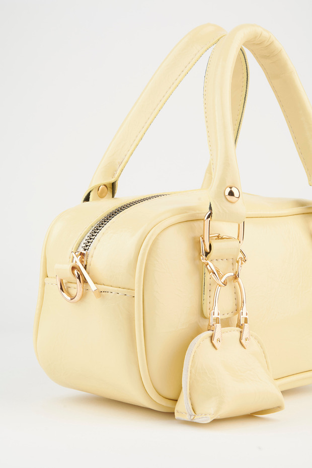 Women's Tulip Yellow Bag Charm Detailed Patent Leather Zipper Closure Handbag and Shoulder Bag