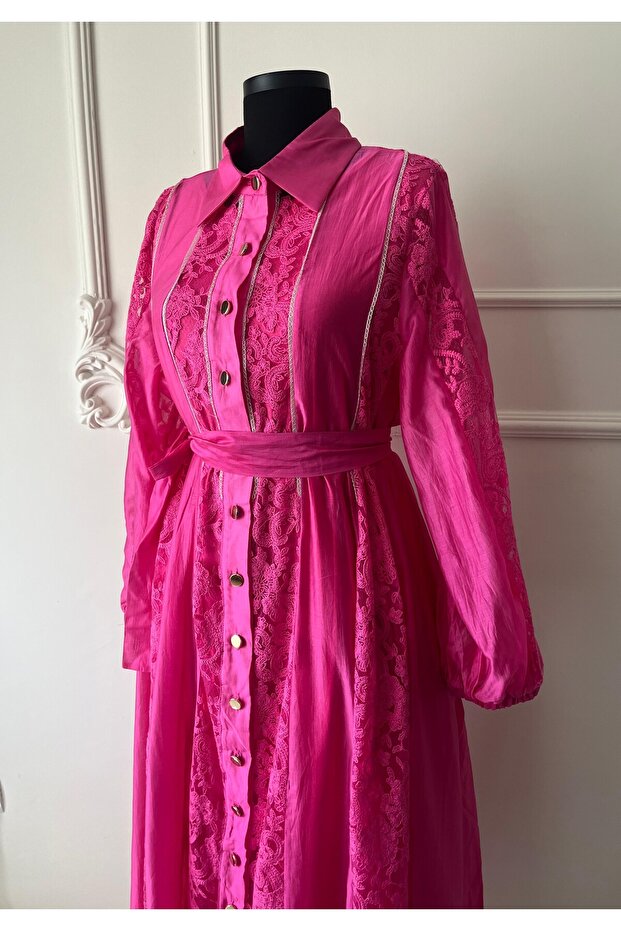 İthal İpekli Dantelli Pembe Elbise - 4