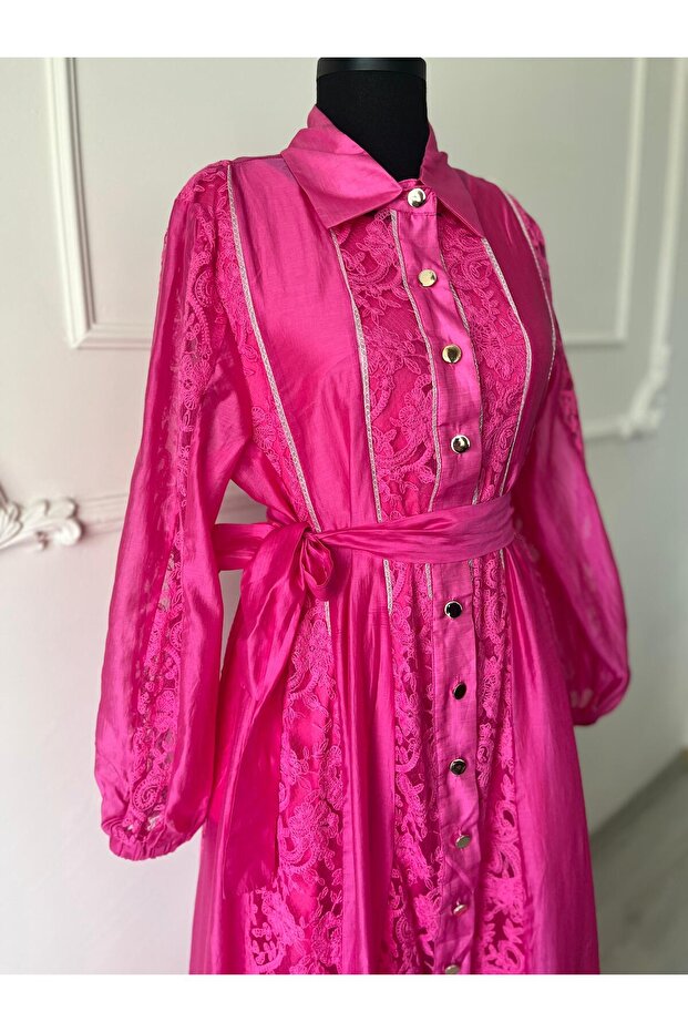 İthal İpekli Dantelli Pembe Elbise - 2