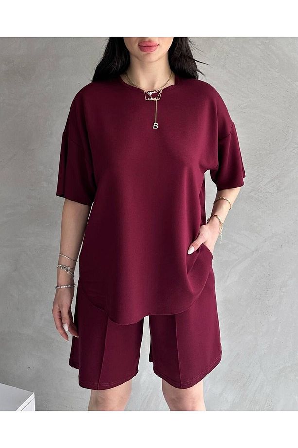Modal Kumaş Oversize Kısa Kollu Kadın Eşofman Takımı, Şortlu, Bağcıklı Yumuşak Kumaş, Modern Tasarım - 4