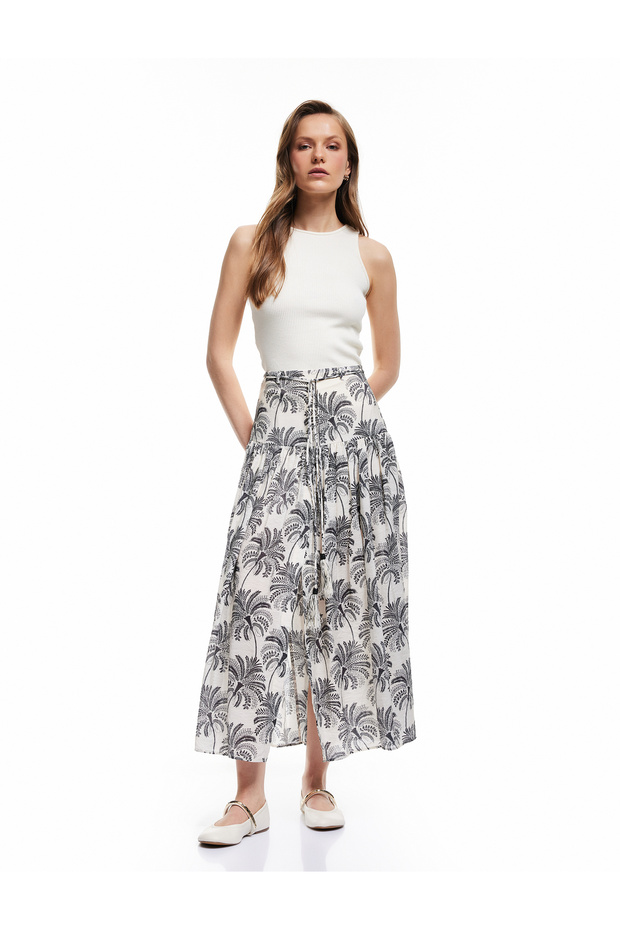 Viscose Fabric Cotton Lined Floral Patterned Midi Flared Skirt with Tie Waist