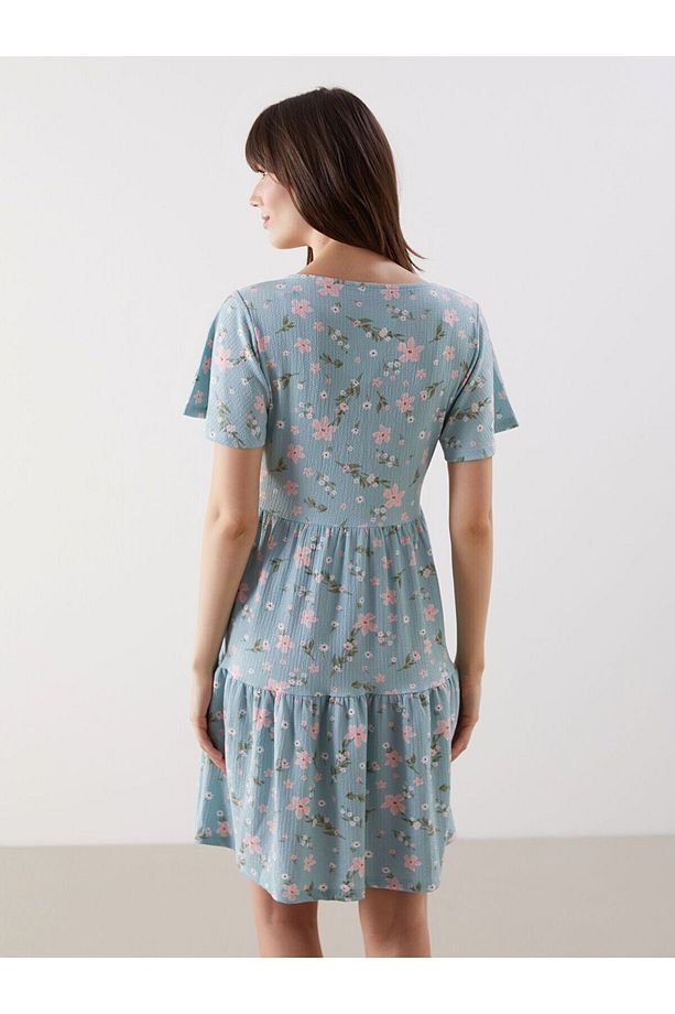 U Yaka Çiçekli Mini Elbise - 4