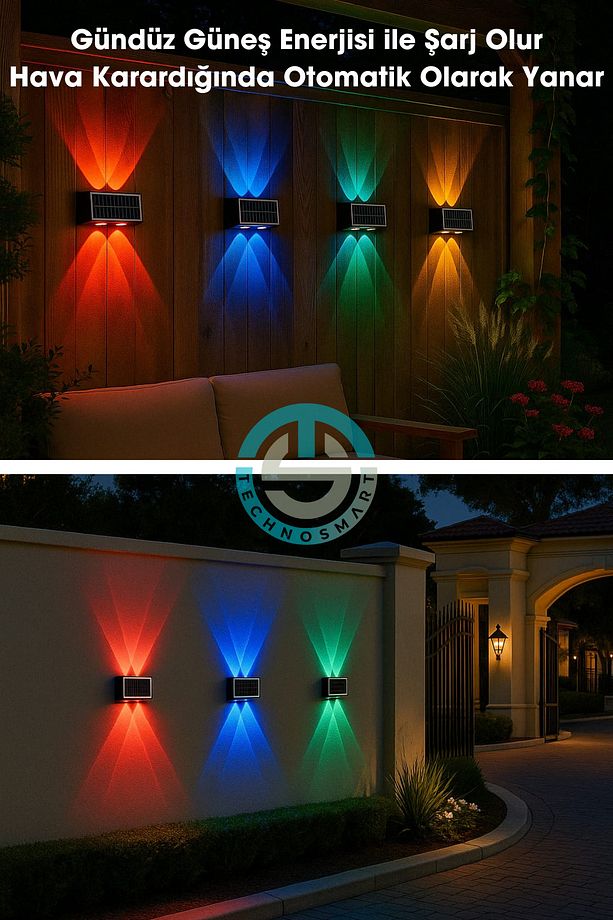 2Adet Güneş Enerjili Çift Taraflı 4 Ledli Aplik RGB Işık Duvar Lambası Bahçe Aydınlatma - 5