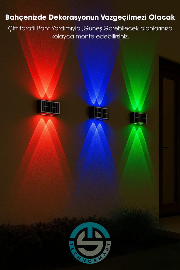 2Adet Güneş Enerjili Çift Taraflı 4 Ledli Aplik RGB Işık Duvar Lambası Bahçe Aydınlatma - 7