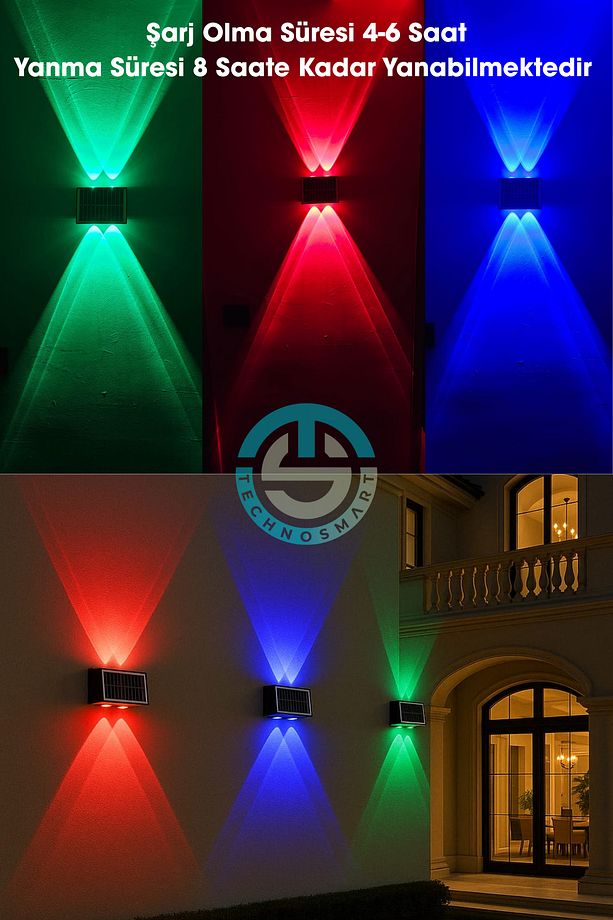 2Adet Güneş Enerjili Çift Taraflı 4 Ledli Aplik RGB Işık Duvar Lambası Bahçe Aydınlatma - 6