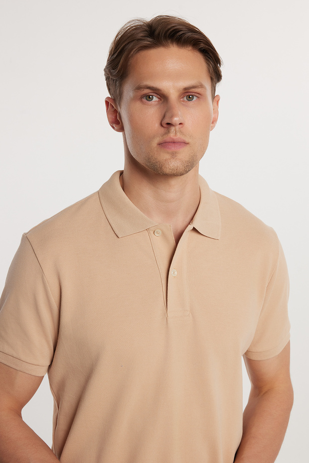 Men's Slim Fit Slim Fit 100% Cotton Plain Pique Stone Color Polo Collar T-Shirt
