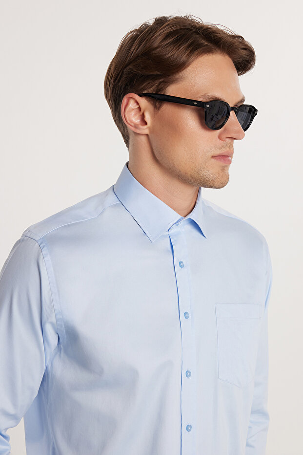 Men's Regular Fit Classic Cut 100% Cotton Satin Single Pocket Blue Shirt