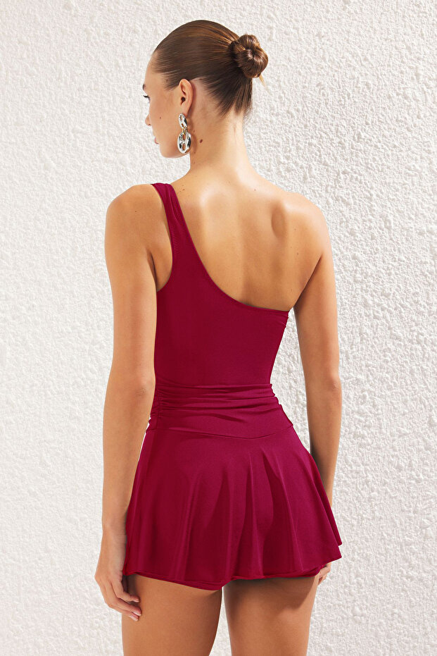 Bordo Tek Omuz Kaplı Şort Etek Basic Mayo TBESS25MA00061 - 5