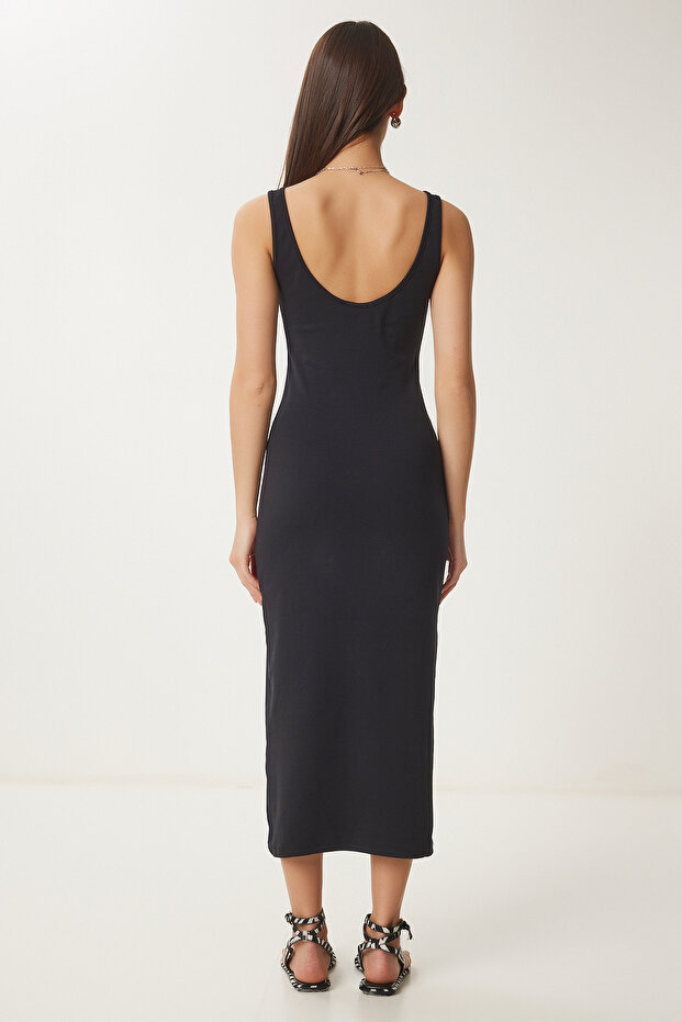 Kadın Siyah Basic Yazlık Örme Elbise UB00317 - 4