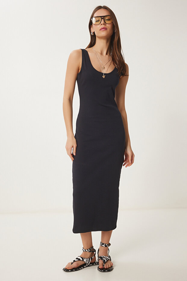 Kadın Siyah Basic Yazlık Örme Elbise UB00317 - 1