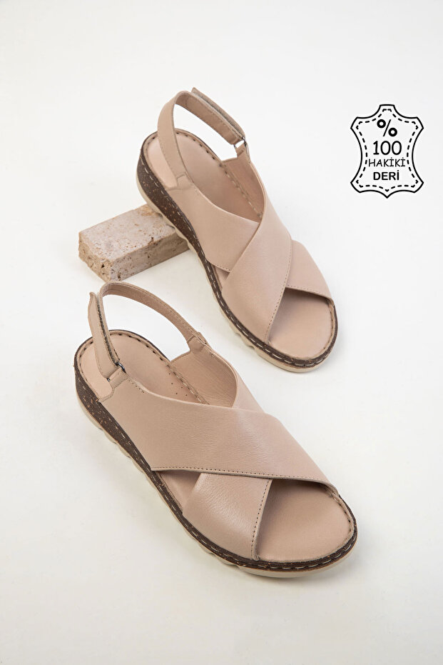 Beige Genuine Leather Women's Sandals 20539