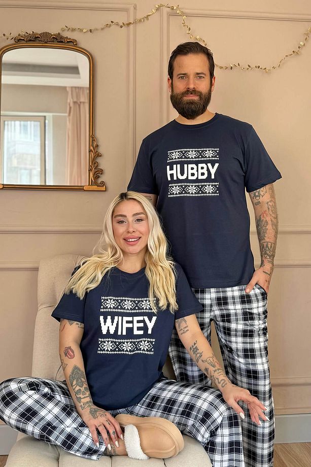 Lacivert Hubby Kısa Kol Sevgili Aile Pijaması   Erkek Takımı - 6