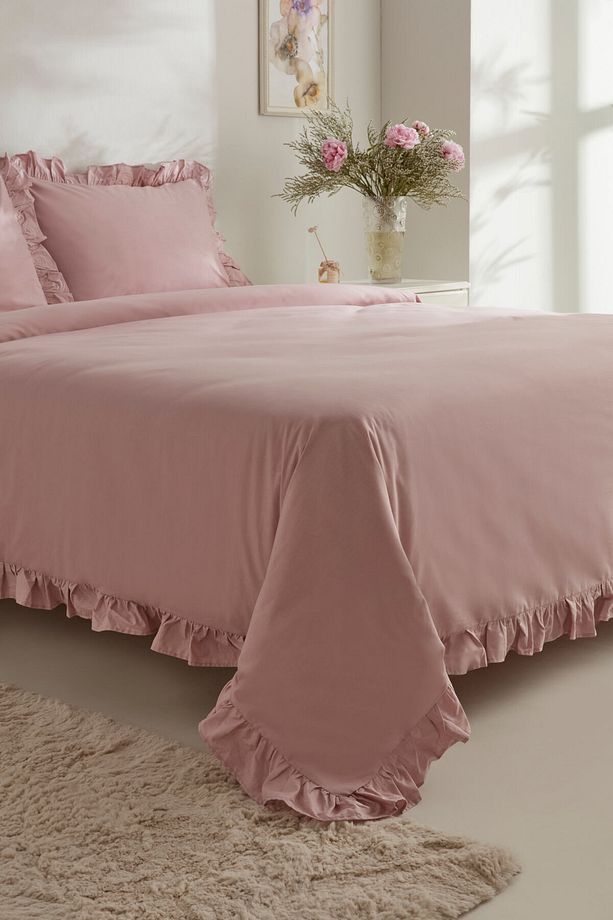 Pure Ruffle %100 Pamuk Çift Kişilik Nevresim Takımı Pudra - 6