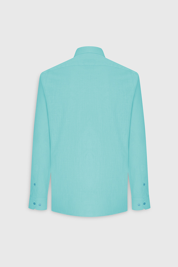 Erkek Turkuaz Comfort Fit Rahat Kesim Gizli Düğme Yaka %100 Pamuk Flamlı Gömlek - 10