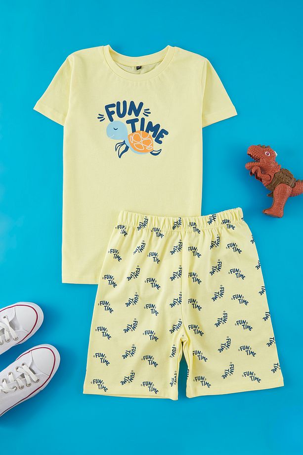 Gri-Sarı 4'lü Erkek Çocuk %100 Pamuk Animal Baskılı Pijama Takımı TKDSS25PT00018 - 4