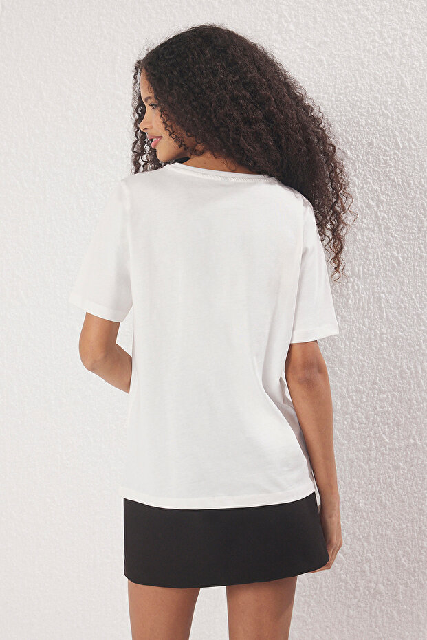 Ekru %100 Pamuk Regular/Normal Kalıp Çiçek Nakışlı Örme T-Shirt TWOSS25TS00028 - 4