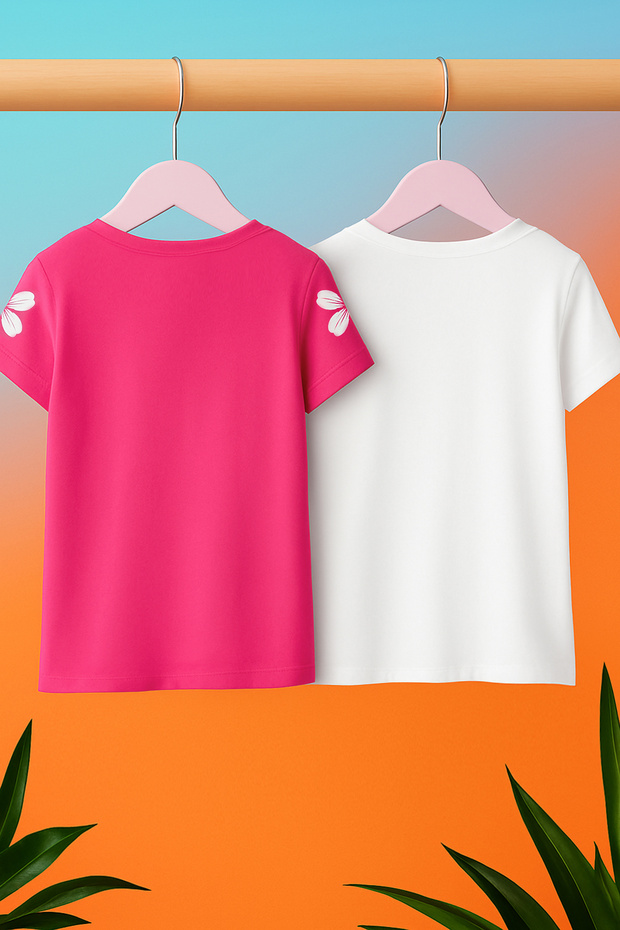 Fuşya-Ekru 2'li Kız Çocuk %100 Pamuk Çiçekli Kısa Kol Örme T-Shirt TKDSS25TS00109 - 3