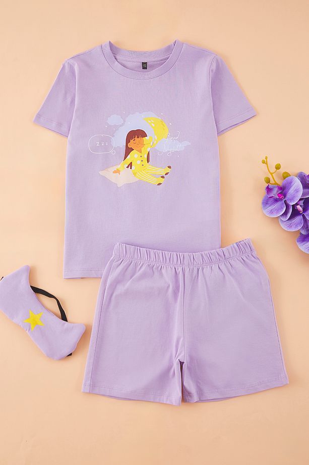 Ekru 3'lü Kız Çocuk %100 Pamuk Baskılı Uyku Bantlı Kısa Kol Örme Pijama Takımı TKDSS25PT00036 - 1