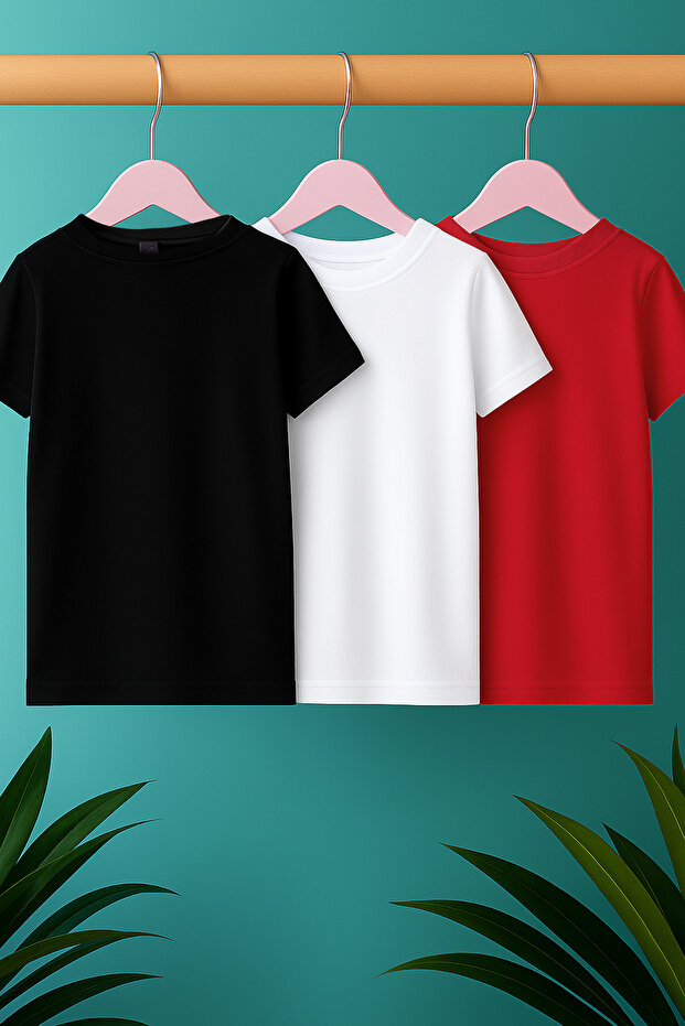 Siyah-Beyaz-Kırmızı 3'lü Erkek Çocuk %100 Pamuk Basic Kısa Kol Örme T-Shirt TKDSS25TS00021 - 1