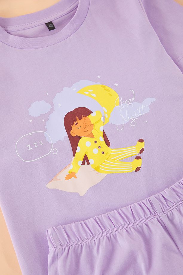 Ekru 3'lü Kız Çocuk %100 Pamuk Baskılı Uyku Bantlı Kısa Kol Örme Pijama Takımı TKDSS25PT00036 - 4