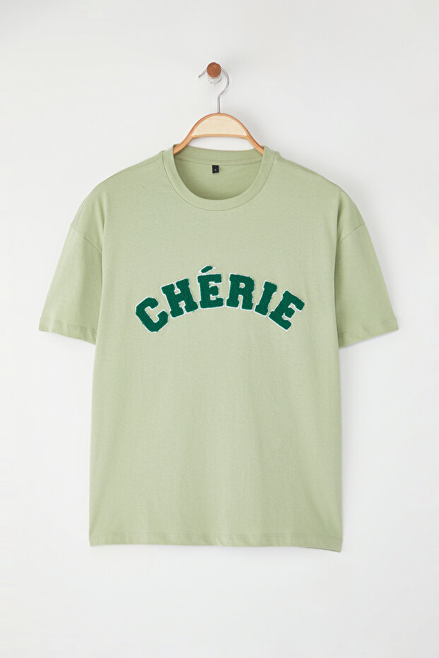 Mint %100 Pamuk Oversize/Geniş Kesim Slogan Nakışlı Örme T-Shirt TWOSS25TS00161 - 6