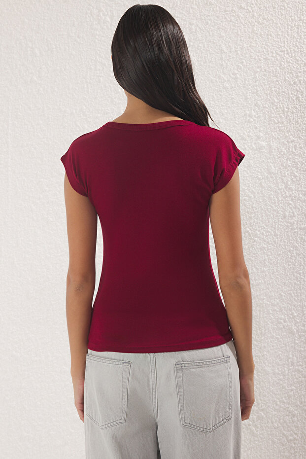 Bordo Viskoz/Yumuşak Kumaş Fitted/Vücuda Oturan Ay Kol Esnek Örme Bluz TWOSS23BZ00992 - 4