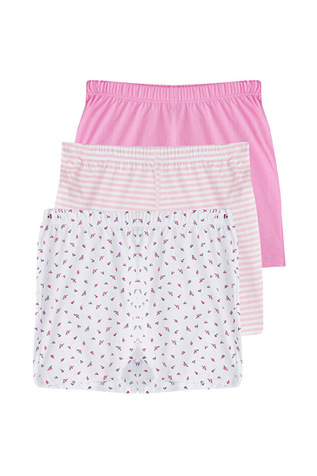 Pembe-Çok Renkli 3'lü Paket %100 Pamuklu Çiçekli ve Çizgili Örme Pijama Altı THMSS25PJ00014 - 8