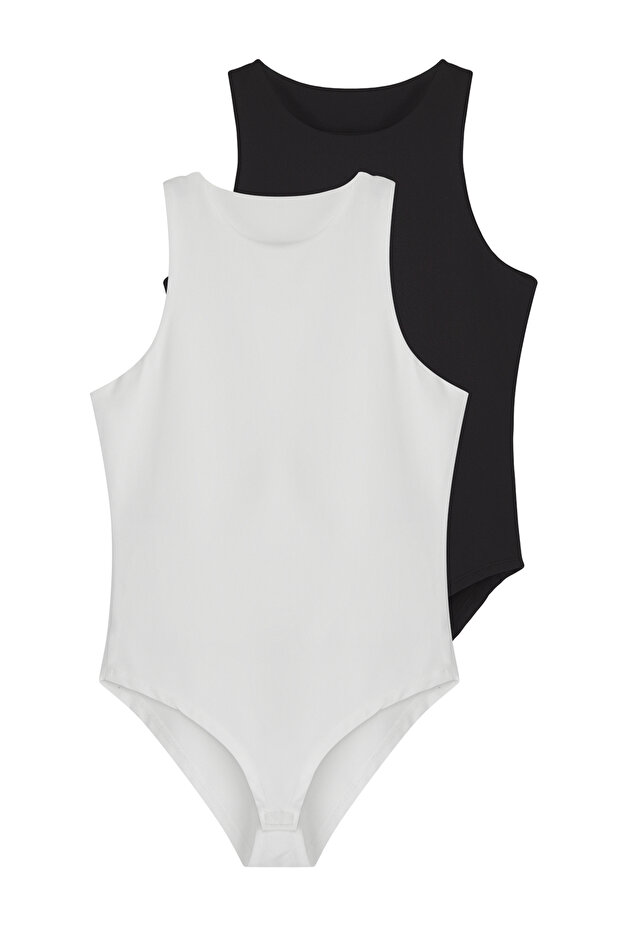 Siyah-Beyaz 2'li Paket Fitted Bisiklet Yaka Alttan Çıtçıtlı Örme Body TWOSS25BD00017 - 8