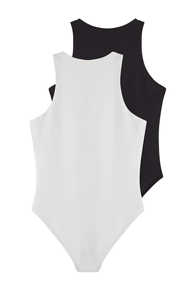 Siyah-Beyaz 2'li Paket Fitted Bisiklet Yaka Alttan Çıtçıtlı Örme Body TWOSS25BD00017 - 9