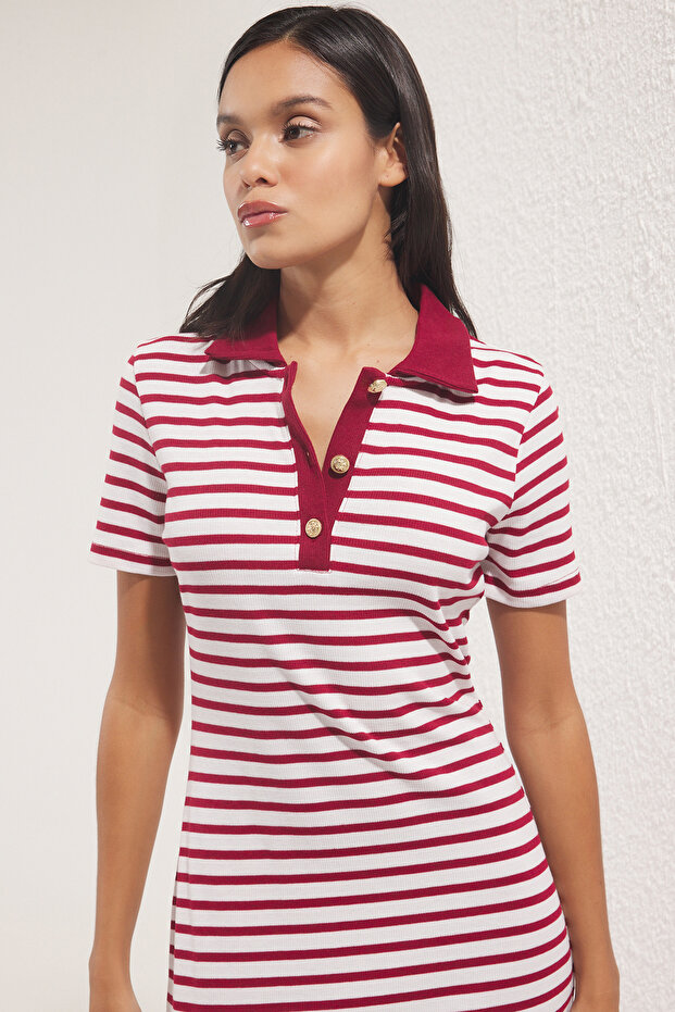 Bordo Çizgili Polo Yaka Midi Esnek Örme Elbise TWOSS25EL00360 - 2