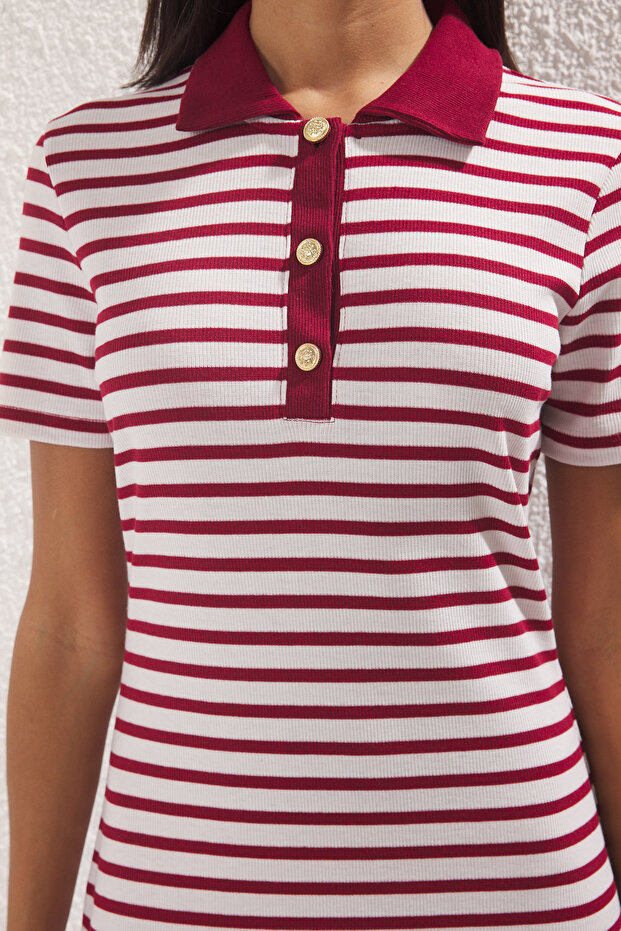Bordo Çizgili Polo Yaka Midi Esnek Örme Elbise TWOSS25EL00360 - 3