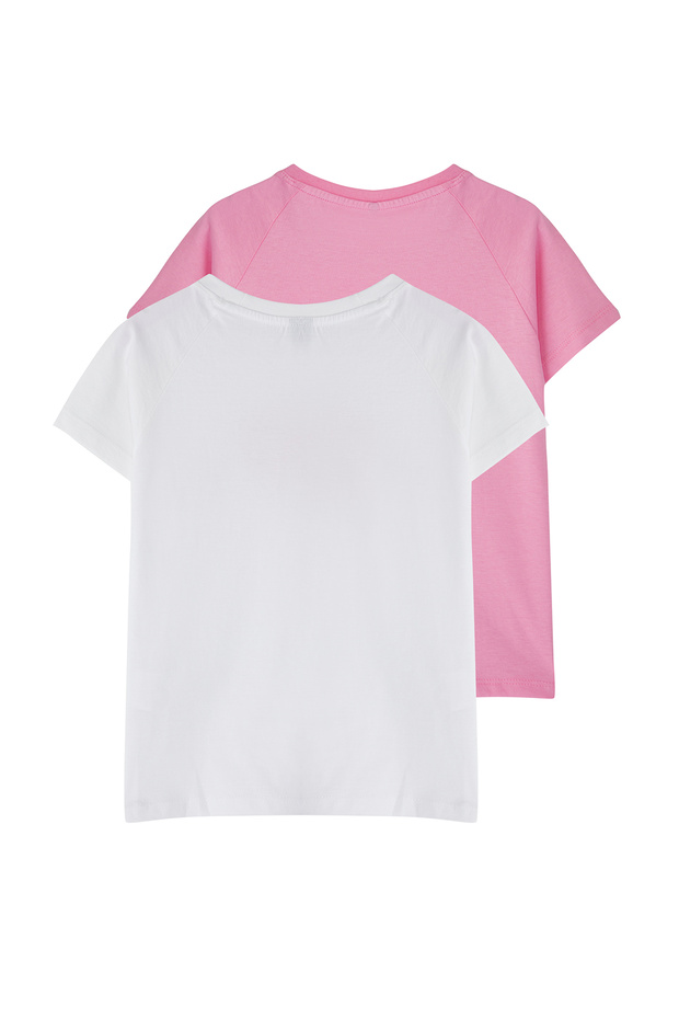Beyaz-Pembe 2'li Kız Çocuk %100 Pamuk Slogan Baskılı Kısa Kol Örme T-Shirt TKDSS25TS00091 - 3