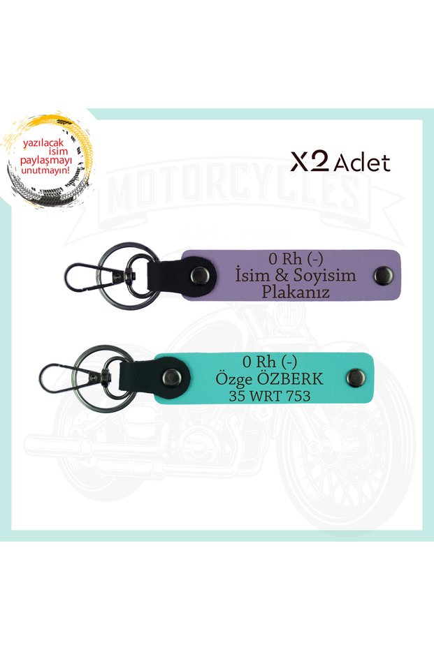 Purple Violet-Turquoise, for Motorcycle Lovers, Name Plate and 0 Rh (-) Blood Group, Set of 2 Keychains