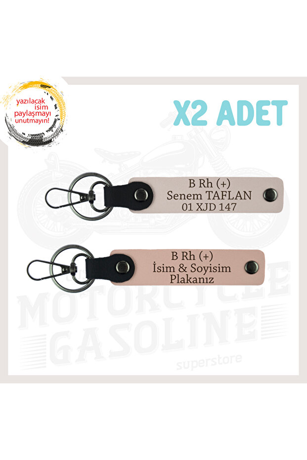 Special for Speed Lovers, 2-Piece Keychain Set with Name Plate and B Rh (+) Blood Group Written, Yavruağzı-Pudra