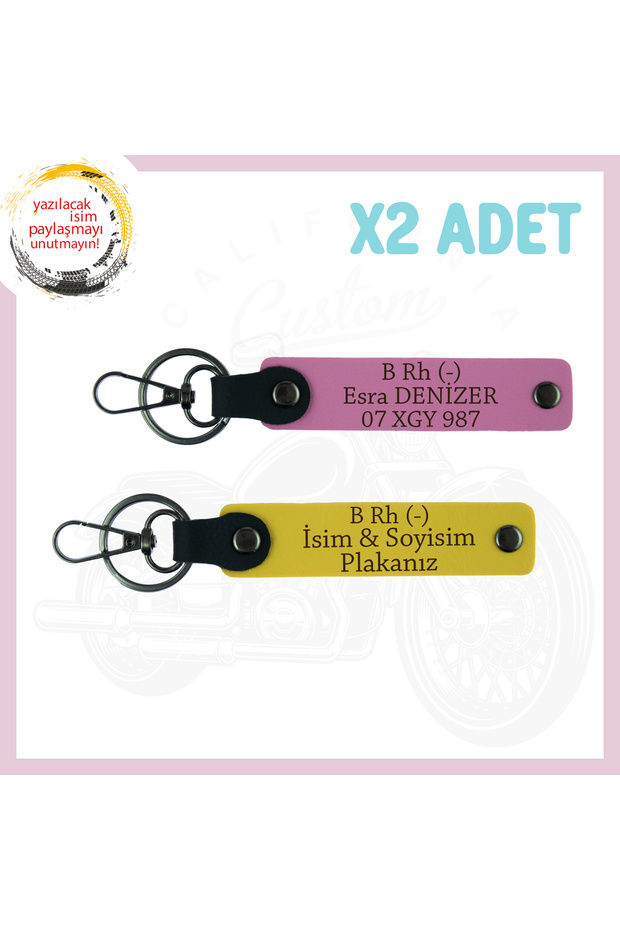 Yellow-Pink, Motorcycle Lovers, Emergency 2-Pack Keychain with Name Plate and B Rh (-) Blood Type Lettering