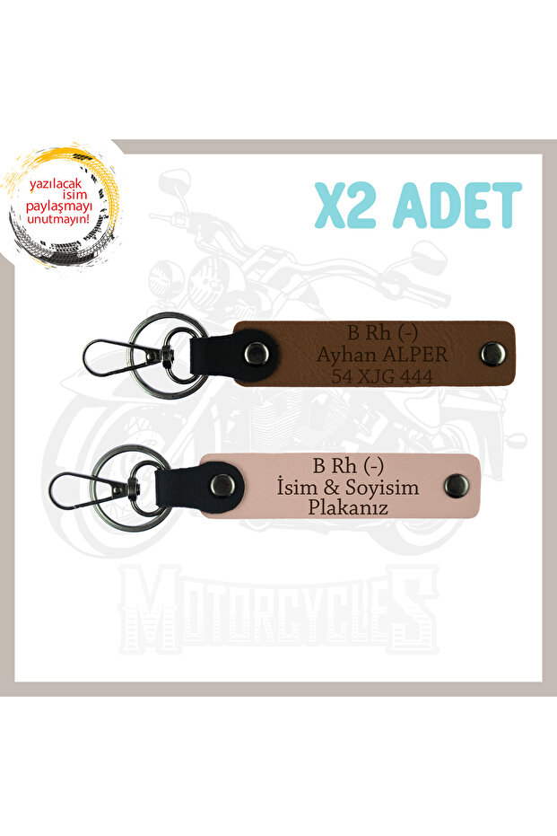 Yavruağzı-Light Brown, Biker Style Custom Name Plate and B Rh (-) Blood Group Lettering 2-Piece Keychain