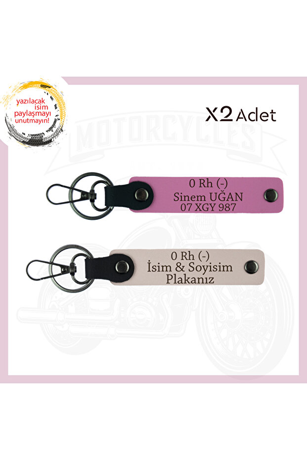 Powder-Pink, for Motor Lovers, Special Design Leather 2-Piece Keychain with Name Plate and 0 - Blood Group Written